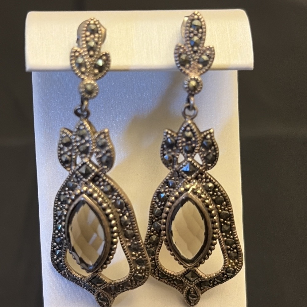 Vintage Sterling Silver Designer Marcasite Art Deco Dangle Earrings